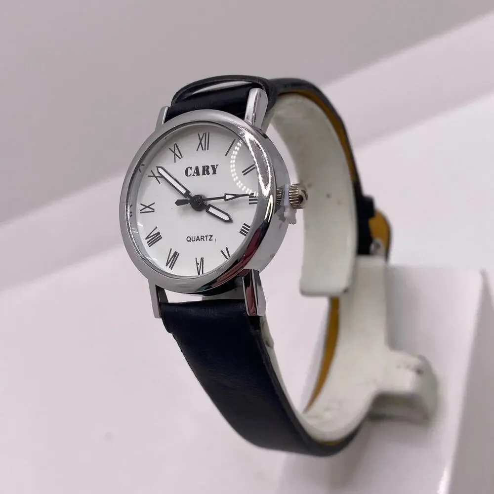 Cary Womens Silver Tone Black Leather Watch Works New Battery